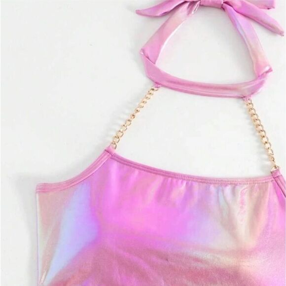 Y2K Festival Mermaidcore Metallic Holographic Choker Chain Detail Bikini - Picture 7 of 12
